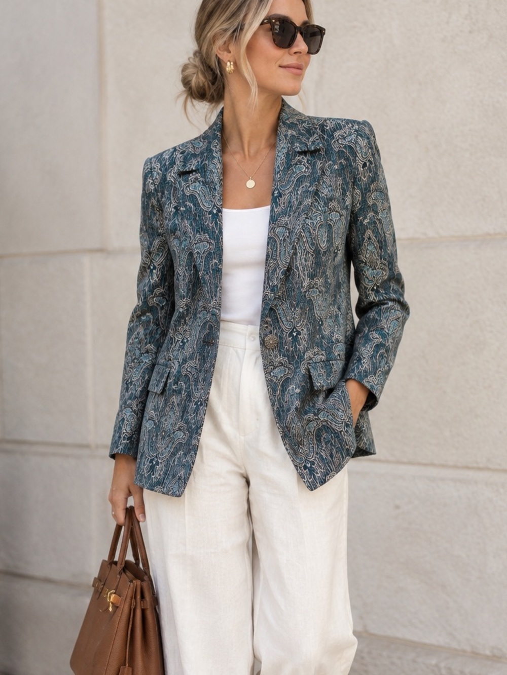 Oscar de la Renta Company Teal Paisley Jacquard Tailored Blazer Jacket size 4